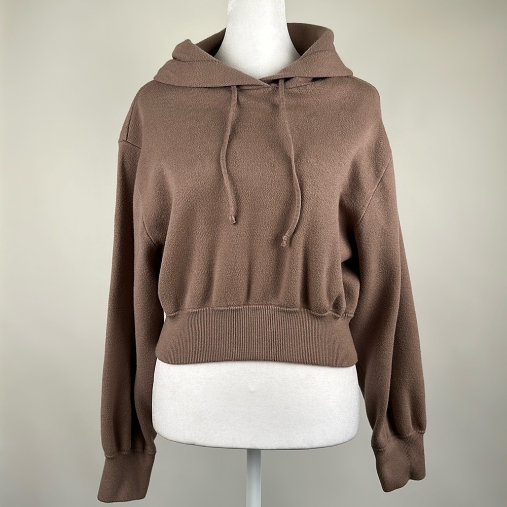 Zara Women’s Light Brown Long Sleeve Drawstring Cropped Hoodie Sweatshirt Small